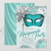 Invitation Masque argent bleu sarcelle Soirée masquée (Devant / Derrière)