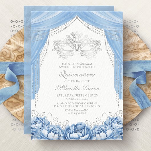 Invitation Masque Bal Masqué Bleu Clair Quinceanera