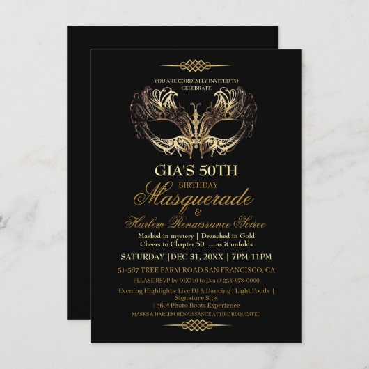 Invitation Masque Black Gold 50e Masquerade Anniversaire (Devant / Derrière)