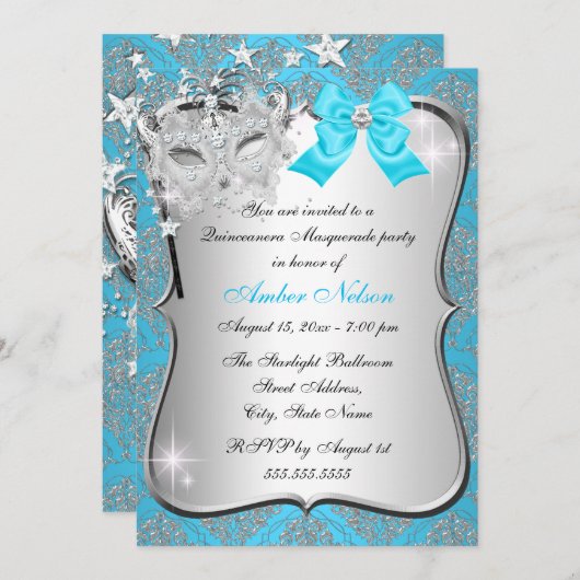 Invitation Masque bleu Damask Masque Quinceanera Masquerade I (Devant / Derrière)