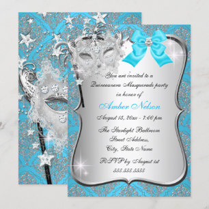Invitation Masque bleu Damask Masque Quinceanera Masquerade I