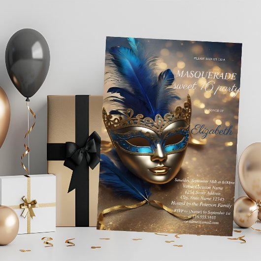 Invitation Masque bleu de masquerade chic Bokeh Sweet 16