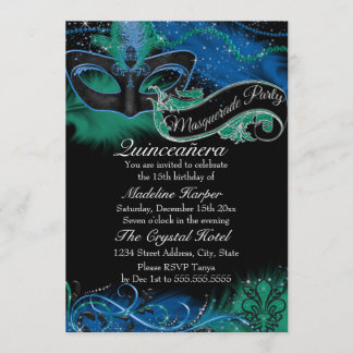 Invitation Masque Bleu et Vert Mask Masquerade Quinceanera