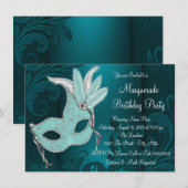 Invitation Masque bleu sarcelle foncé pour soirée masquée (Devant / Derrière)