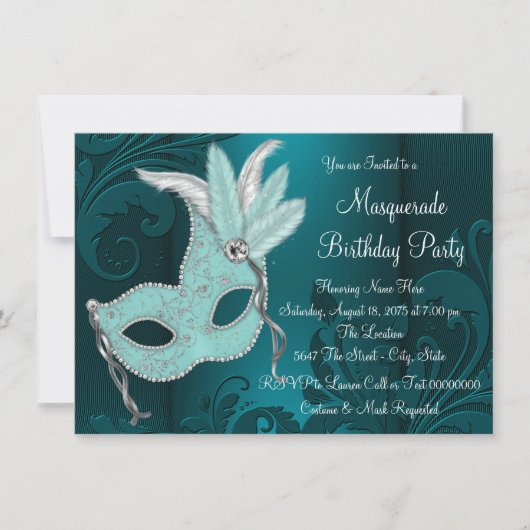 Invitation Masque bleu sarcelle foncé pour soirée masquée (Devant)
