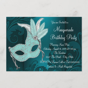 Invitation Masque bleu sarcelle foncé pour soirée masquée