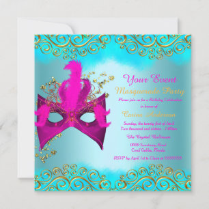 Invitation Masque Bleu Turquoise Rose Or Fête d'anniversaire 