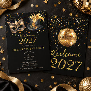 Invitation Masque Chapeau Haut-de-Forme Boule Disco Or Fête d