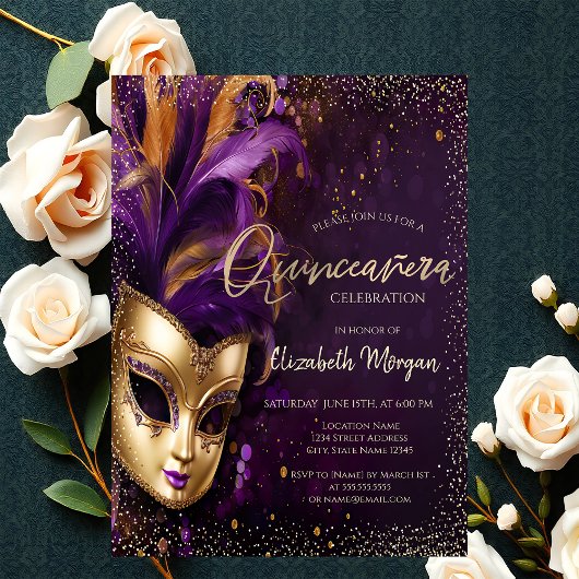 Invitation Masque Chic, Confetti Purple Quinceañera