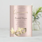 Invitation Masque Chic, Confetti Rose Gold Quinceañera (Debout devant)