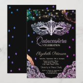 Invitation Masque Chic, Lumière À Cordes, Dentelles, Étoiles  (Devant / Derrière)