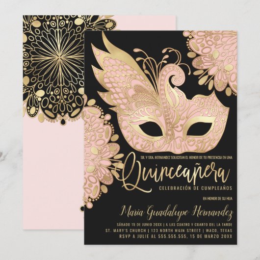 Invitation Masque Chic Pink Or Mascarade Masque Español Quinc (Devant / Derrière)