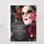 Invitation Masque Confetti Or Roses rouges Quinceañera (Devant)