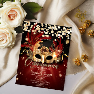 Invitation Masque Confettis Dorés Quinceañera Rouge