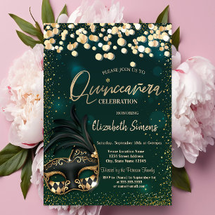 Invitation Masque Confettis Dorés Quinceañera Verte