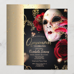 Invitation Masque Confettis Dorés Roses Rouges Quinceañera