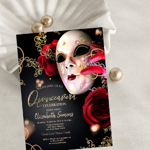 Invitation Masque Confettis Dorés Roses Rouges Quinceañera