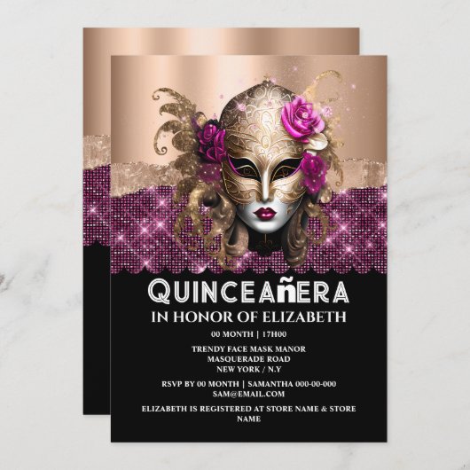 Invitation Masque d'anniversaire en or rose Quinceañera masqu (Devant / Derrière)