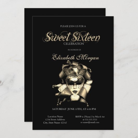 Invitation Masque d'argent Black Sweet 16 (Devant / Derrière)