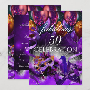 Invitation Masque de 50 ballons violets pour une soirée masqu