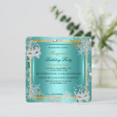 Invitation Masque de bal Bleu sarcelle Or Flocon de neige Arg (Debout devant)