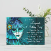 Invitation Masque de bal masqué bleu sarcelle (Debout devant)