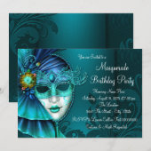 Invitation Masque de bal masqué bleu sarcelle (Devant / Derrière)