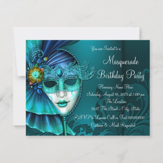 Invitation Masque de bal masqué bleu sarcelle (Devant)