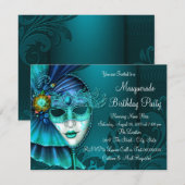 Invitation Masque de bal masqué bleu sarcelle (Devant / Derrière)