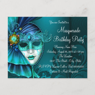 Invitation Masque de bal masqué bleu sarcelle