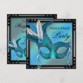 Invitation Masque de bal masqué bleu sarcelle noir (Devant / Derrière)