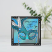 Invitation Masque de bal masqué bleu sarcelle noir (Debout devant)