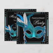 Invitation Masque de bal masqué bleu sarcelle noir (Devant / Derrière)