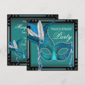 Invitation Masque de bal masqué bleu sarcelle noir (Devant / Derrière)