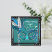 Invitation Masque de bal masqué bleu sarcelle noir (Debout devant)