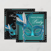 Invitation Masque de bal masqué bleu sarcelle noir (Devant / Derrière)