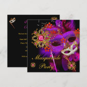 Invitation Masque de bal masqué Fête Violet Rose Noir (Devant / Derrière)