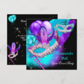 Invitation Masque de Bal Masqué Masques Violet Bleu Turquoise (Devant / Derrière)