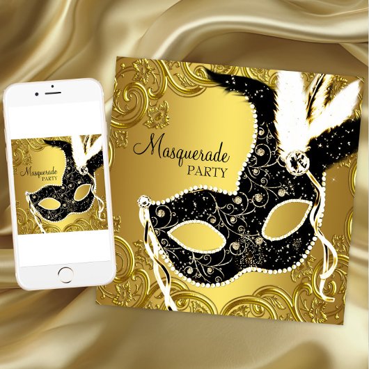 Invitation Masque de bal masqué noir et or