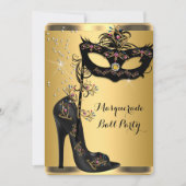 Invitation Masque de bal masqué or noir bijou (Devant)
