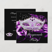Invitation Masque de bal masqué Rose Violet Noir (Devant / Derrière)