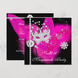 Invitation Masque de bal masqué Sweet 16 rose chaud noir à pl