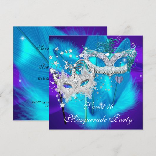 Invitation Masque de bal masqué Sweet 16 Violet Bleu sarcelle (Devant / Derrière)
