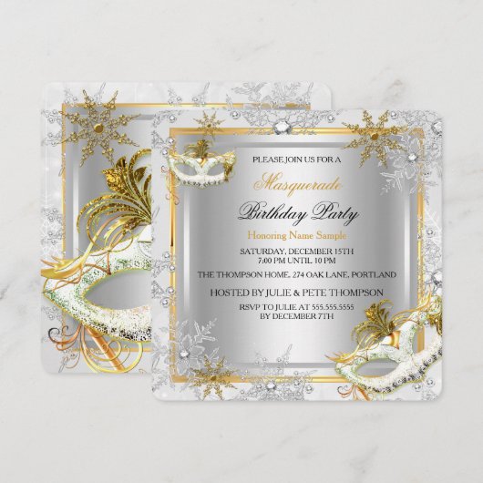 Invitation Masque de Bal Or Argent Flocons de Neige Masques F (Devant / Derrière)