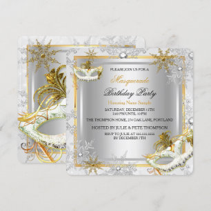 Invitation Masque de Bal Or Argent Flocons de Neige Masques F