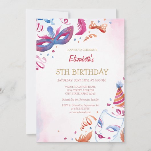 Invitation Masque de Carnaval à l'aquarelle pour anniversaire (Devant)