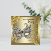 Invitation Masque de confettis argent or soirée masquée (Debout devant)