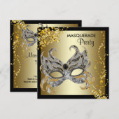 Invitation Masque de confettis noir or soirée masquée (Devant / Derrière)