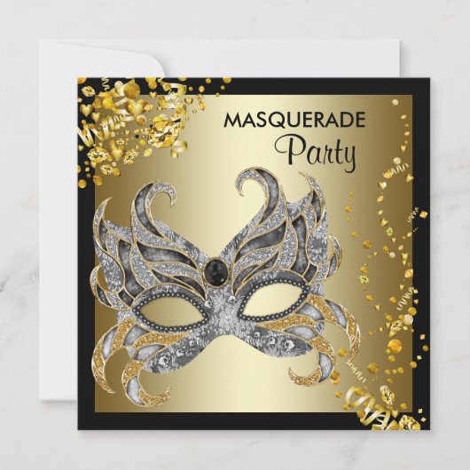 Invitation Masque de confettis noir or soirée masquée (Devant)