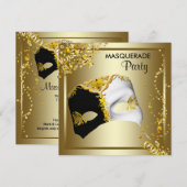 Invitation Masque de confettis noir or soirée masquée (Devant / Derrière)